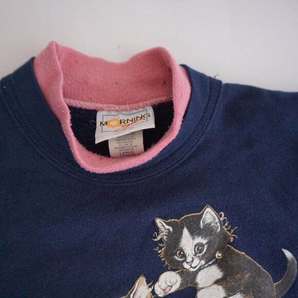 VTG Morning Sun Vintage Cat Sweatshirt Navy Blue Pink Collar 90s Grandma Cozy L - Picture 10 of 10